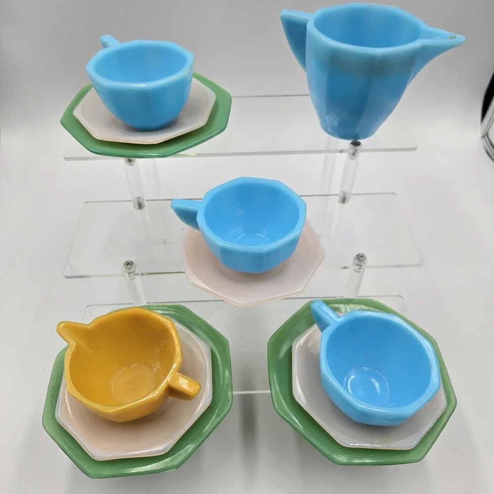 Antique Akro Agate Tea Set Little American Maid Blue Jade Pink Yellow Glass 12pc